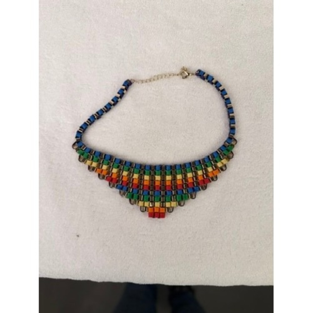 Vintage Rainbow Woven Bib Necklace Gold Tone Geometric‎ Statement Jewelry Multi